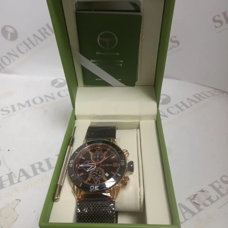 BOXED MANN EGERTON MAGNITUDE BLACK DIAL MESH STRAP WATCH 