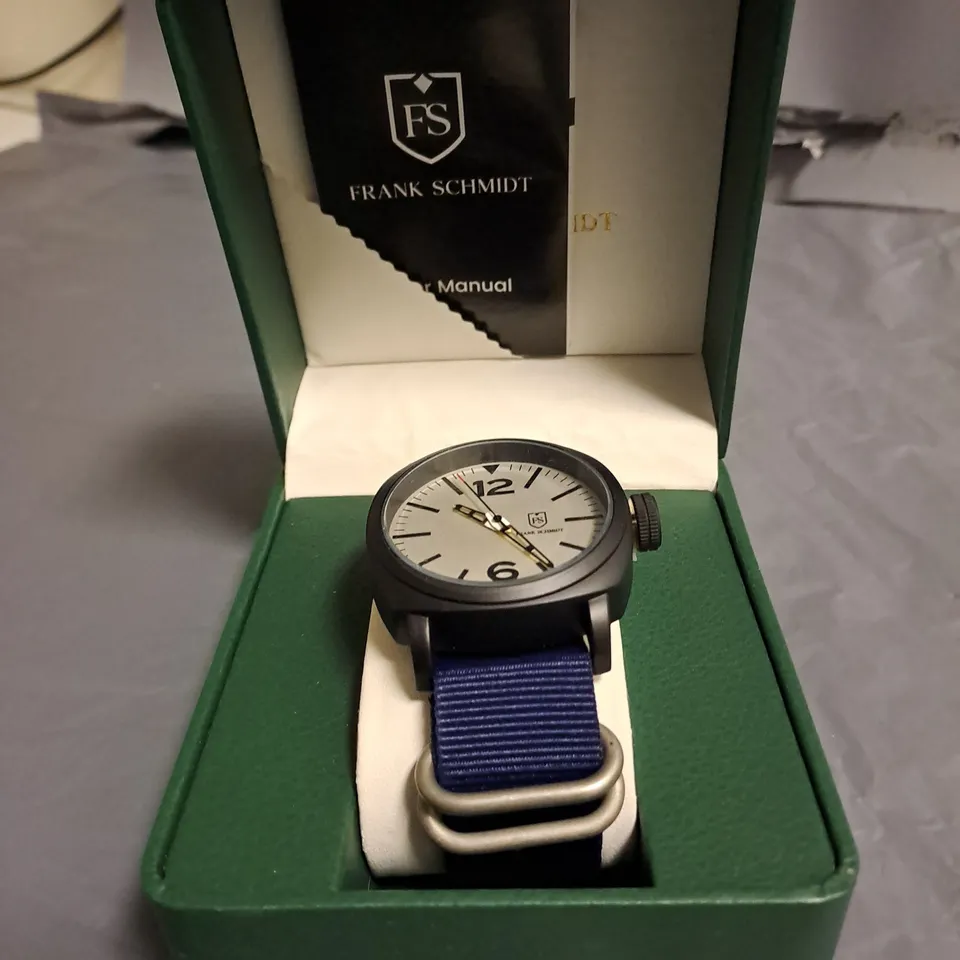 FRANK SCMIDT WHITE DIAL GENTS WATCH WITH BLACK CASE AND BLUE STRAP