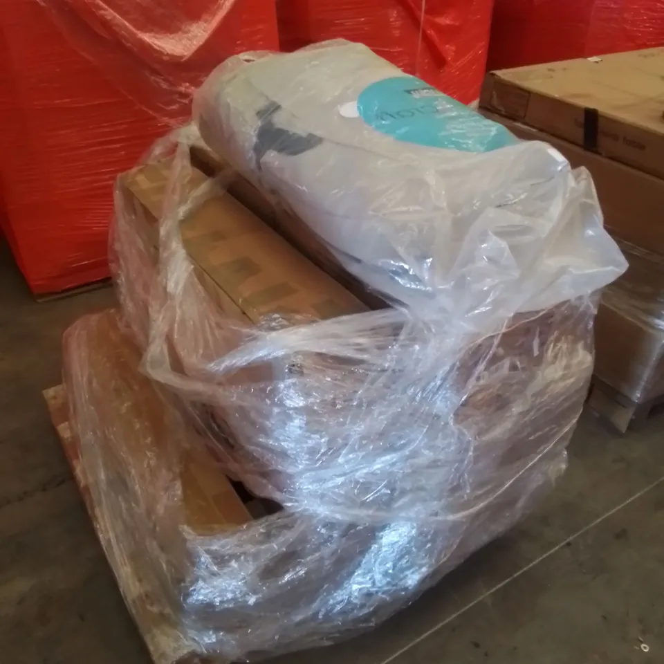 PALLET CONTAINING ASSORTED HOUSEHOLD & HOME IMPROVEMENT PRODUCTS. INCLUDES 3 X EXCERISE BIKES AND OTHER ASSORTED FURNITURE ETC