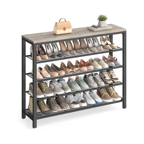 BOXED 4-TIER INDUSTRIAL SHOE RACK WITH MESH SHELVES - GREIGE