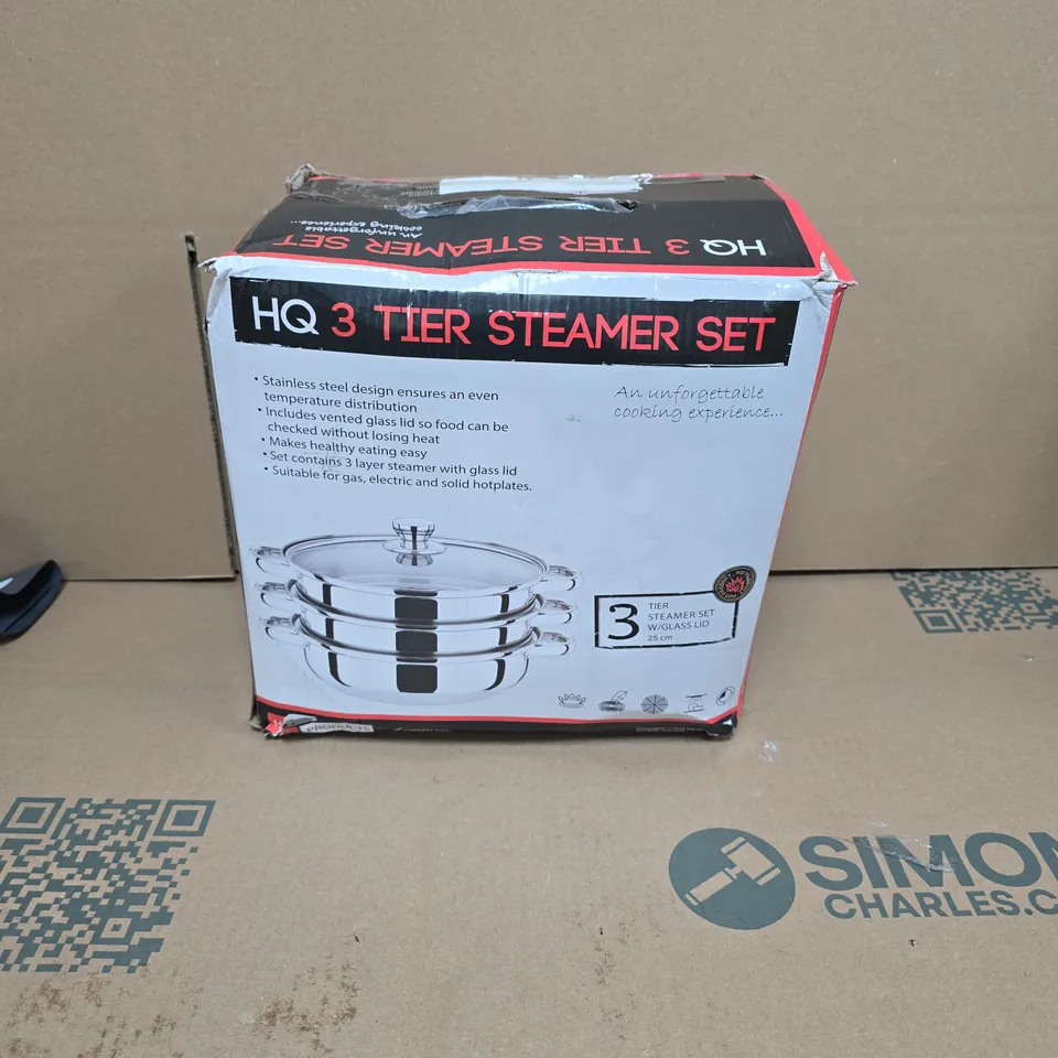 HQ 3-TIER STEAMER SET WITH GLASS LID, STAINLESS STEEL – 25 CM