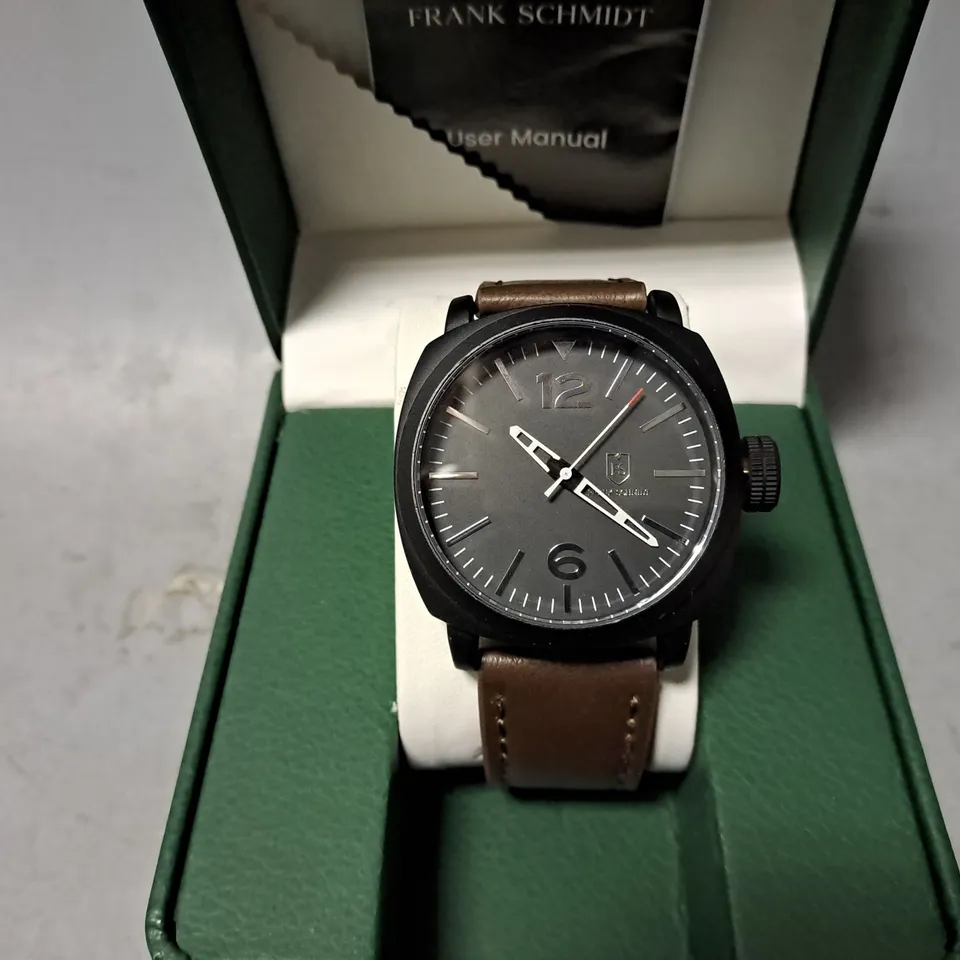 FRANK SCHMIDT WATCH – LARGE BLACK CASE – BLACK PILOT DIAL – BROWN STRAP – 3ATM WATER RESISTANT – GIFT BOX INCLUDED