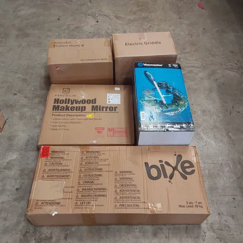 PALLET OF ASSORTED ITEMS INCLUDING: ANYCUBIC PHOTON MONO 4 RESIN 3D PRINTER, ELECTRIC GRIDDLE, VACMASTER 18L VACUUM CLEANER, KIDS BIKE, HOLLYWOOD MIRROR ECT