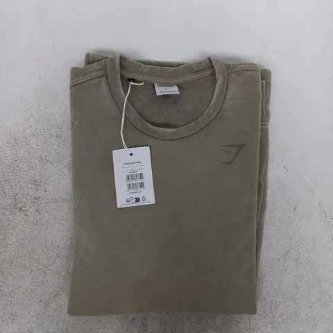 GYMSHARK POWER AOP CREW JUMPER IN DUSTY SAGE SIZE LARGE