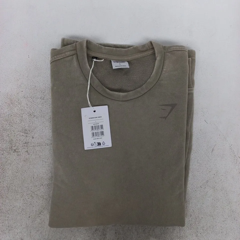 GYMSHARK POWER AOP CREW JUMPER IN DUSTY SAGE SIZE LARGE