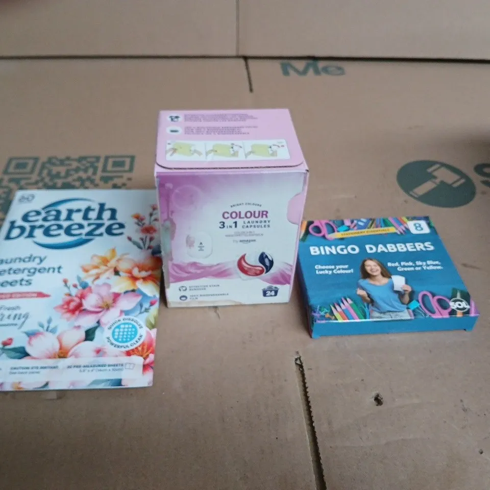 APPROXIMATELY 15 ASSORTED HOUSEHOLD PRODUCTS TO INCLUDE EARTH BREEZE LAUNDRY DETERGENT SHEETS 3 IN 1 LAUNDRY CAPSULES AND BINGO DABBERS 