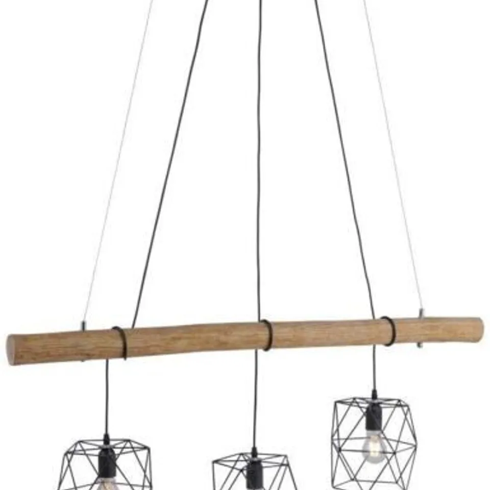 BOXED LEUCHTEN DIREKT 3 LIGHT NATURAL WOODEN CEILING HANGING PENDANT, GEOMETRIC BLACK SHADES H120CM