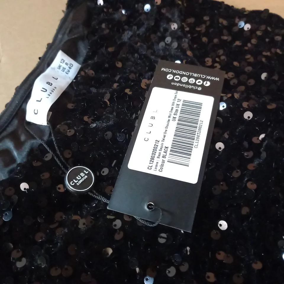 CLUB OF LONDON BLACK SEQUIN VELVET ONE SHOULDER MINI DRESS - UK 12