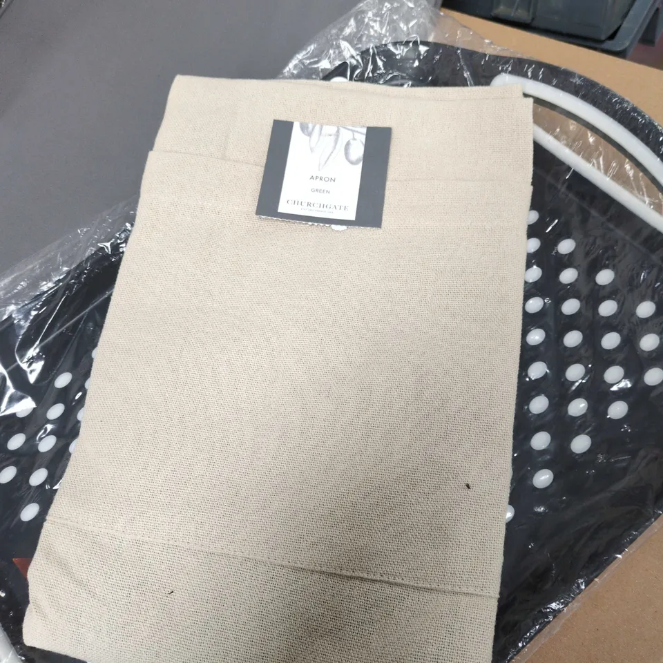  BEIGE APRON AND BLACK DOTTED TRAY (WITH PACKAGING) BOX OF ASSORTED HOUSEHOLD ITEMS.