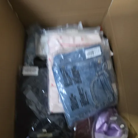 LARGE BOX OF ASSORTED CLOTHING ITEMS IN VARIOUS SIZES, STYLES AND COLOUR 