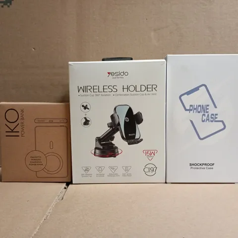 APPROXIMATELY 10 ASSORTED HOUSEHOLD ITEMS TO INCLUDE PHONE CASE, WIRELESS PHONE HOLDER, POWER BANK, ETC