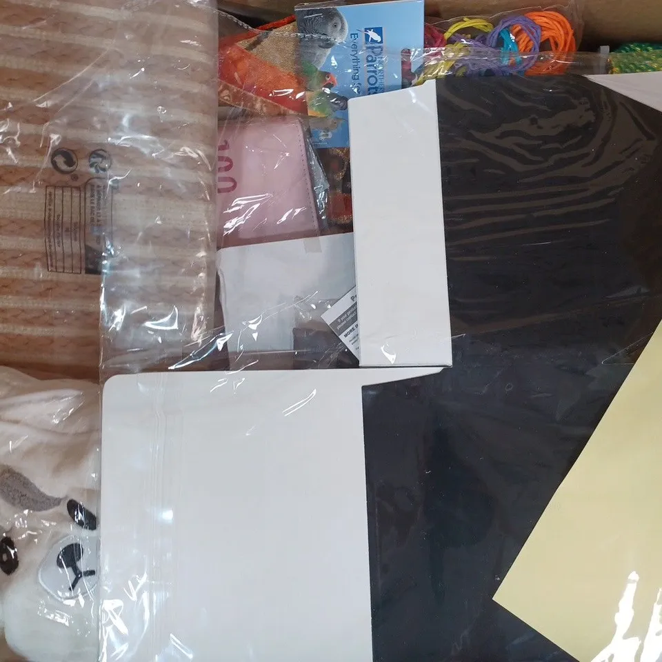 BOX OF APPROXIMATELY 15 ASSORTED HOUSEHOLD ITEMS TO INCLUDE PACK OF SELF TAPPING SCREWS, LUCY ONE EYELET PANEL, PARROT PET TOY, ETC