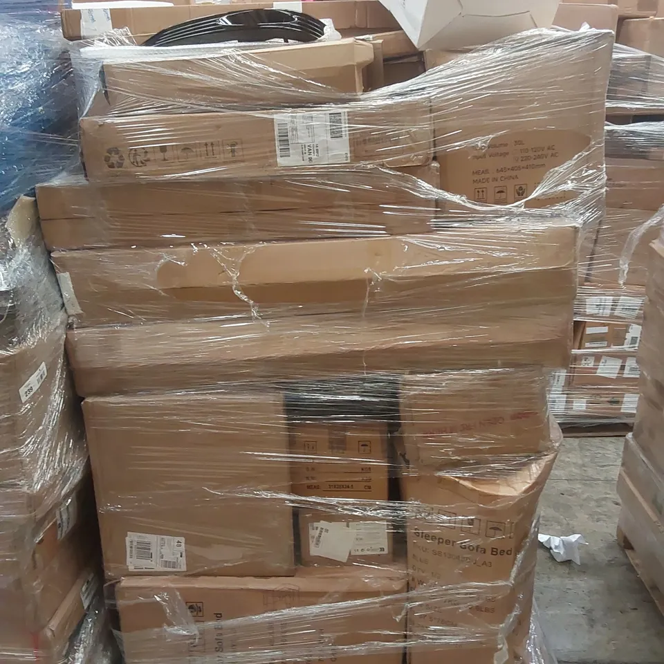 PALLET CONTAINING VARIOUS ASSORTED BOXED ITEMS TO INCLUDE,  SLEEPER SOFA BED, SPARKLING WATER MACHINE, CAR PARTS, OUTDOOR PIZZA OVEN ETC. 