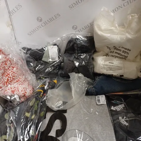 LARGE BOX OF APPROXIMATELY 40 ASSORTED CLOTHING ITEMS TO INCLUDE: ROMAN, ASOS & M&S IN VARIOUS COLOURS & SIZES