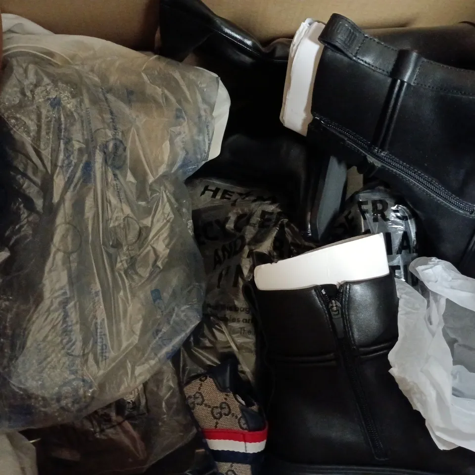 BOX OF APPROXIMATELY 10 ASSORTED PAIRS OF SHOES AND FOOTWEAR ITEMS IN VARIOUS COLOURS, STYLES, AND SIZES - COLLECTION ONLY