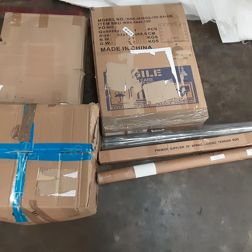PALLET OF ASSORTED PRODUCTS INCLUDING SPRING LOADED TENSION ROD, STAINLESS STEEL EXTENDABLE CURTAIN RAIL, BAMBOO CUTLERY ORGANISER, BABY CAR SEAT, KKTONER ROLLING STOLL