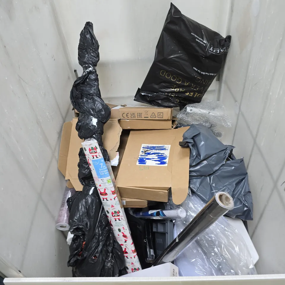 CAGE OF APPROXIMATELY 35 ASSORTED ITEMS TO INCLUDE: POKEMON WRAPPING PAPER AND HAMMER