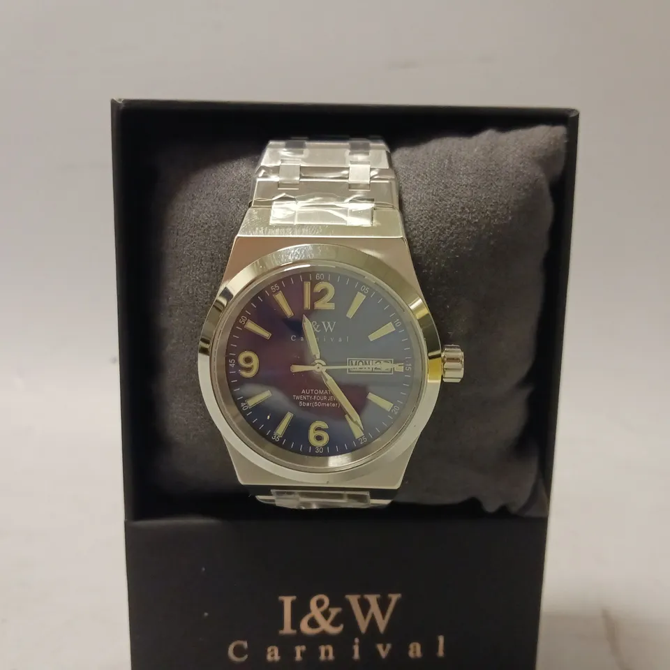 BOXED I&W CARNIVAL MENS AUTOMATIC TWENTY FOUR JEWELS BLUE FACE WATCH