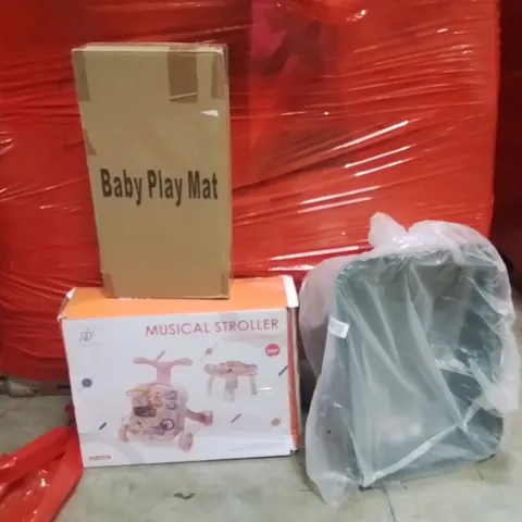 PALLET OF ASSORTED HOUSEHOLD GOODS AND PRODUCTS TO INCLUDE;BABY PLAY MAT,MUSICAL STROLLER,CAT LITTER TRAY 