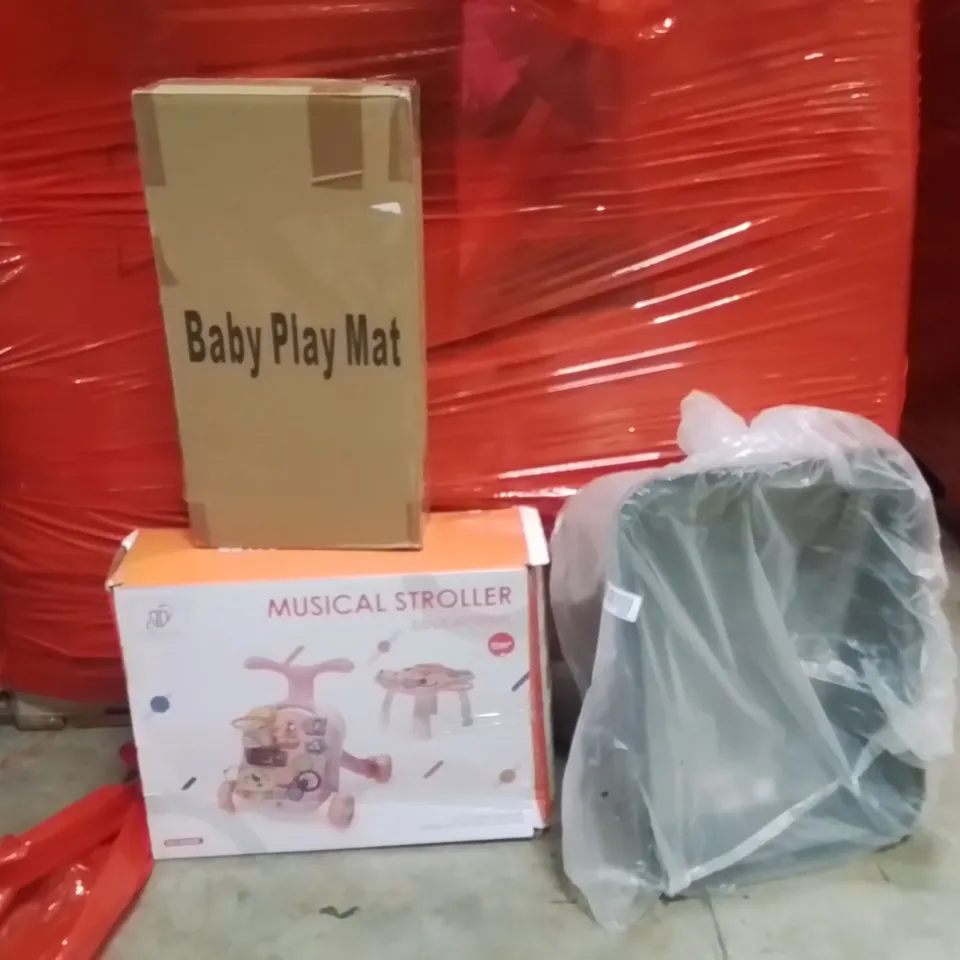 PALLET OF ASSORTED HOUSEHOLD GOODS AND PRODUCTS TO INCLUDE;BABY PLAY MAT,MUSICAL STROLLER,CAT LITTER TRAY 