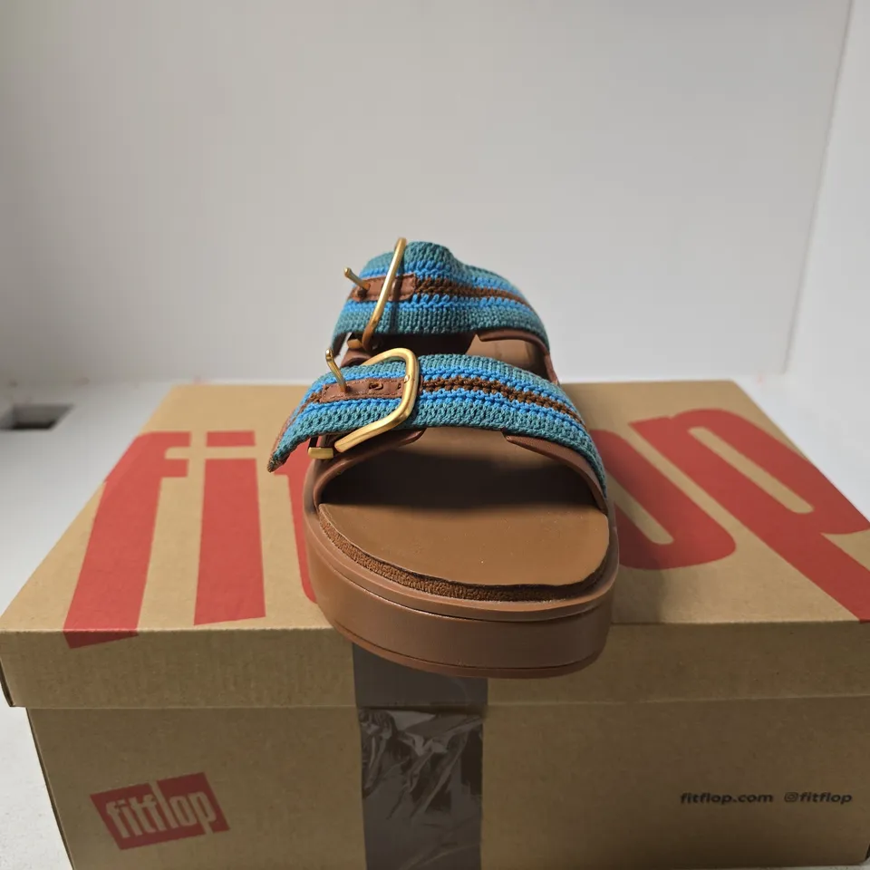 FIT FLOP MAX BUCKLE TWO BAR SLIDES DEEP TAN/TEAL UK 8 BOXED