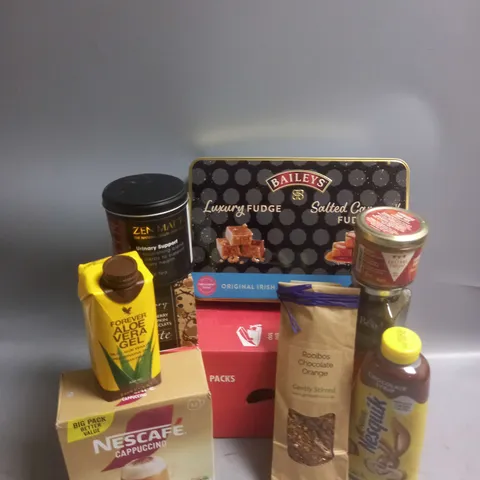 TOTE OF APPROX 12 ASSORTED FOOD ITEMS TO INCLUDE - BAILEY'S LUXURY SALTED CRAMEL FUDGE - NESQUICK CHOCOLATE SYRUP - FOREVER ALOE VERA GEL ETC