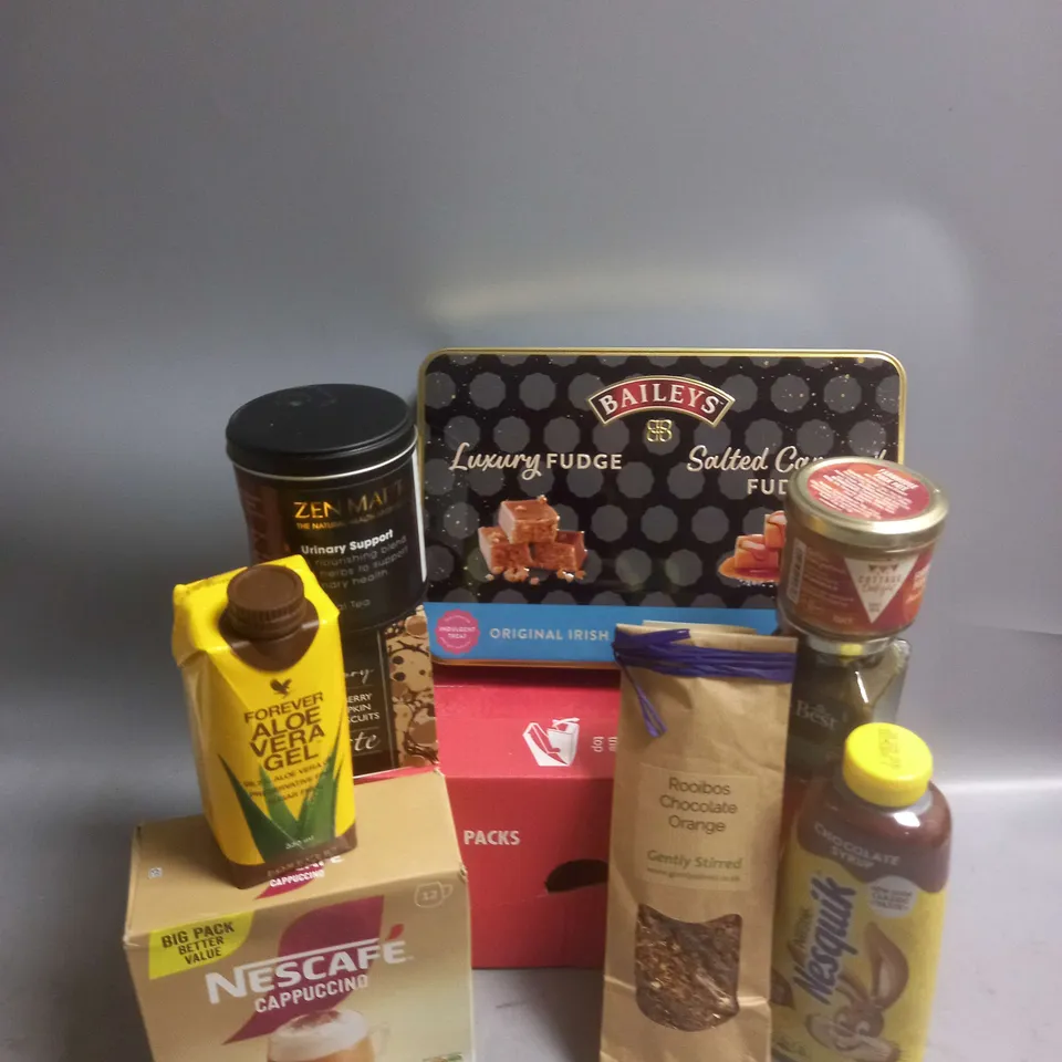 TOTE OF APPROX 12 ASSORTED FOOD ITEMS TO INCLUDE - BAILEY'S LUXURY SALTED CRAMEL FUDGE - NESQUICK CHOCOLATE SYRUP - FOREVER ALOE VERA GEL ETC