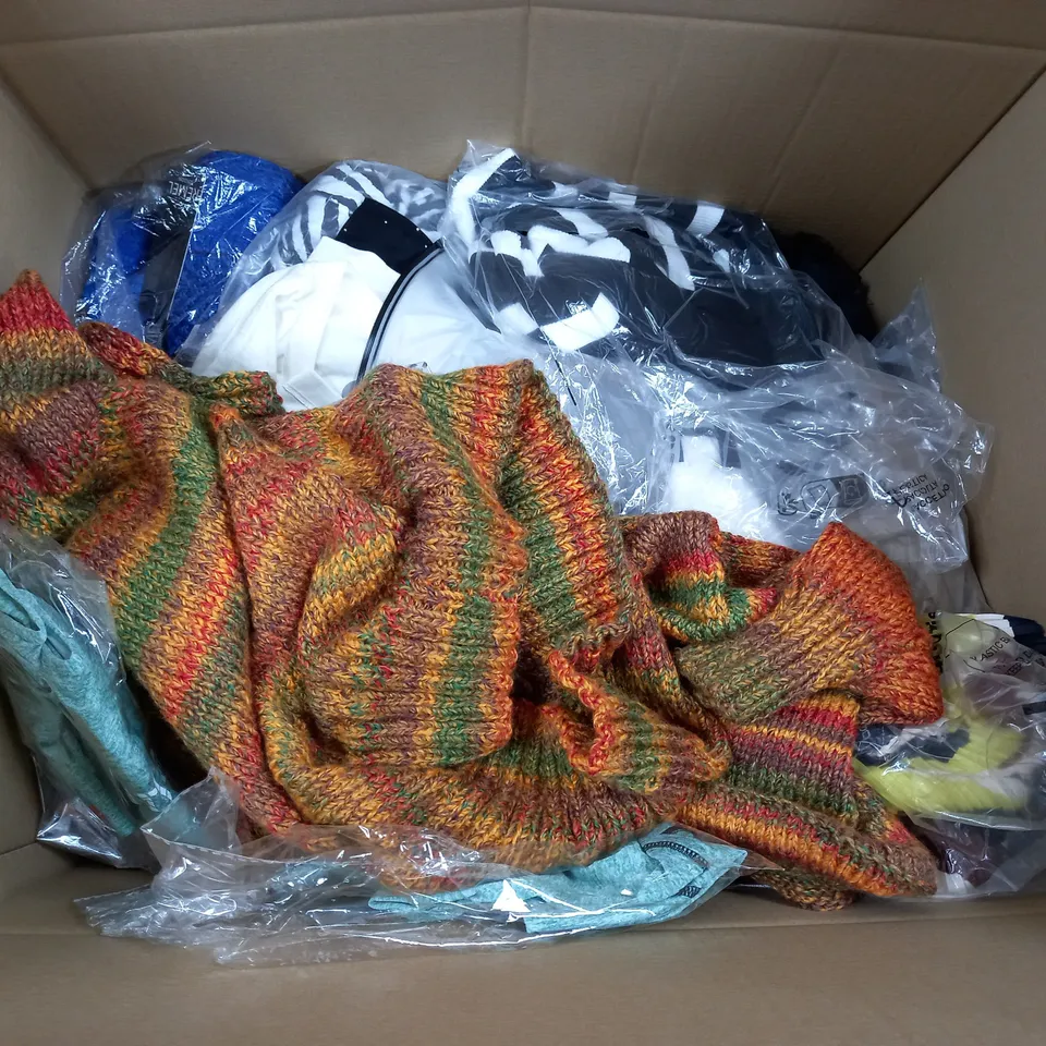 LARGE BOX OF ASSORTED CLOTHING ITEMS IN VARIOUS COLOURS AND SIZES INCLUDING TROUSERS , TOPS AND JUMPERS