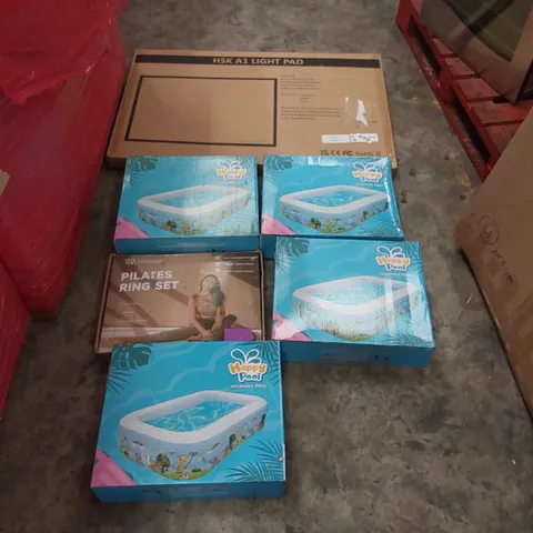 PALLET OF ASSORTED ITEMS INCLUDING: PILATES MAT, A1 LIGHT PAD, A LARGE QUANTITY OF BOXED INFLATABLE SWIMMING POOLS ECT