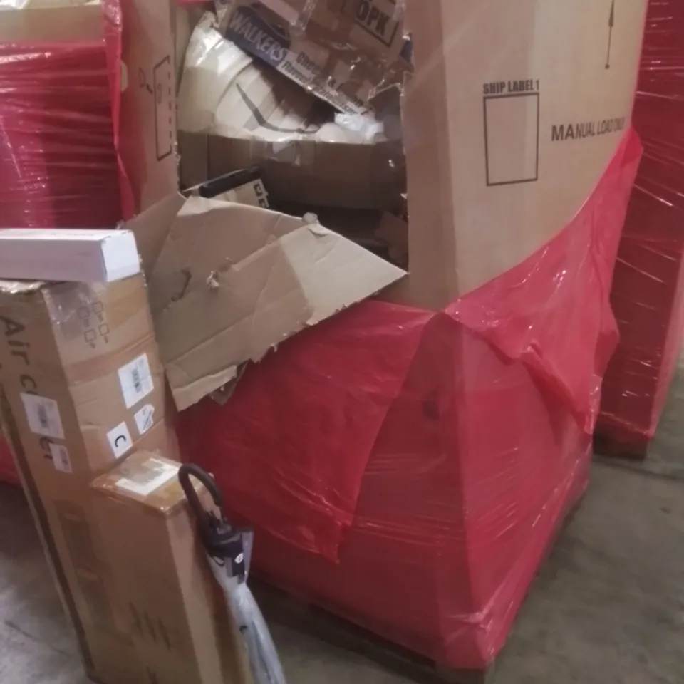 PALLET OF ASSORTED HOUSEHOLD GOODS AND FURNITURE TO INCLUDE; AIR COOLER, HOMIDEC RACK, WINDOW BLINDS ETC