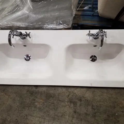 BRAND NEW WHITE RESIN RECTANGULAR DOUBLE BASIN WITH TAPS 121Γ46CM