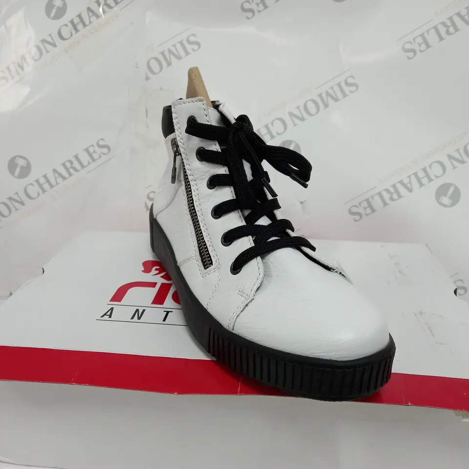BOXED PAIR OF RIEKER HIGH TOP TRAINERS WITH SIDE ZIP IN WHITE SIZE 6.5