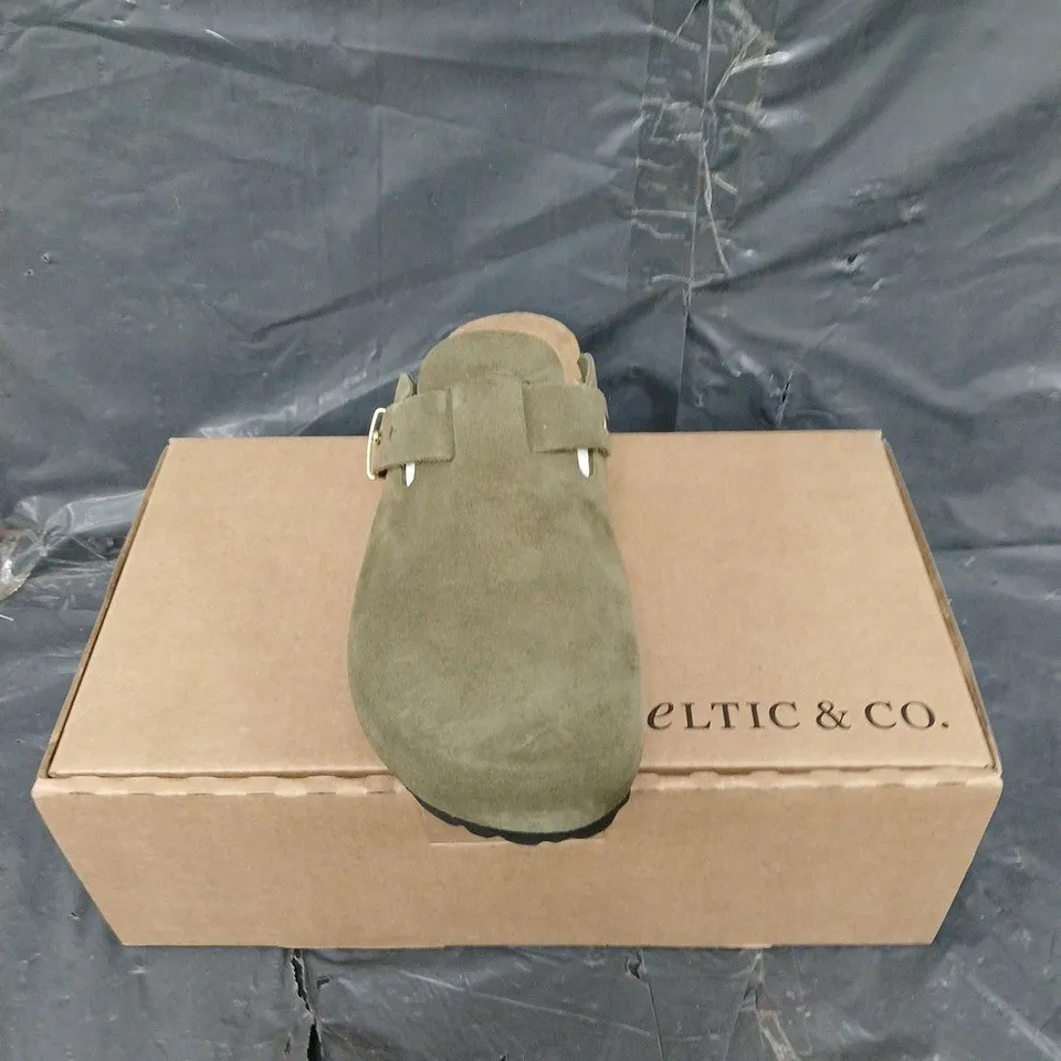 BOXED PAIR OF CELTIC & CO STUD STRAP CLOG OLIVE SUEDE SIZE 39 