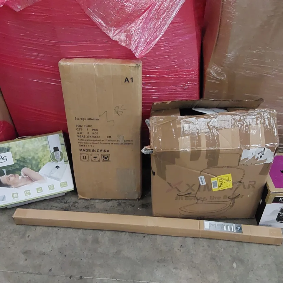 PALLET OF ASSORTED ITEMS INCLUDING: OFFICE CHAIR, ELECTRIC BLANKET, STORAGE OTTOMAN, PRESSURE COOKER, METAL CURTAIN POLE