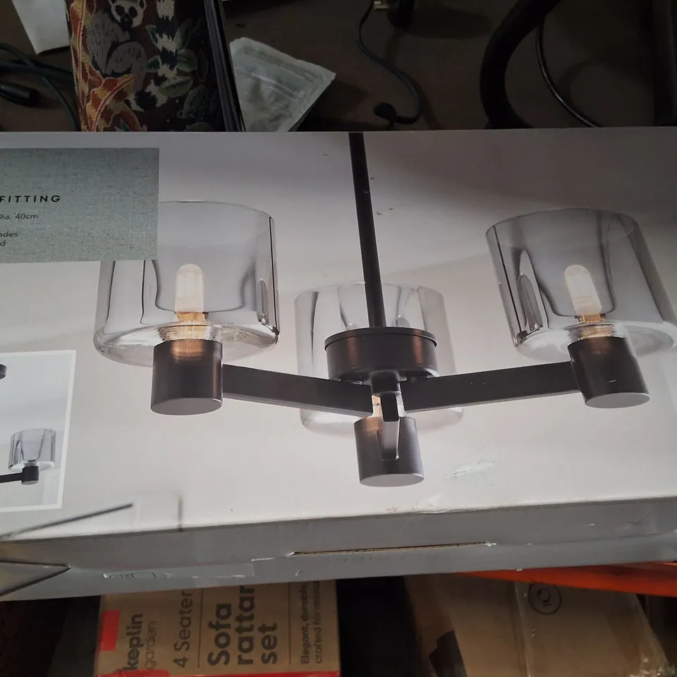 BOXED ERIN 3-LIGHT CEILING FITTING – MATT BLACK WITH SMOKED GLASS SHADES