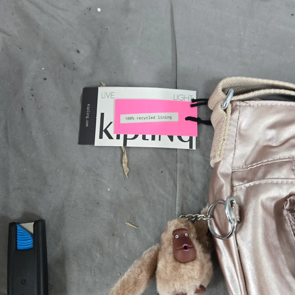 KIPLING CROSSBODY BAG IN PINK METALLIC NYLON WITH MONKEY CHARM
