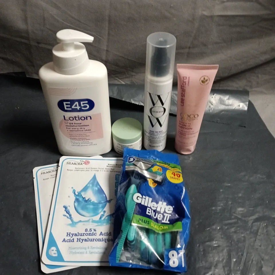 APPROXIMATEY 20 ASSORTED HEALTH AND BEAUTY PRODUCTS TO INCLUDE - E45 LOTION - GILLETTE BLUE II RAZORS AND FACIAL SHEET MASKS