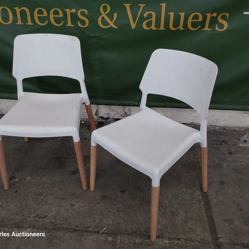 PAIR OF WHITE UPVC CHAIRS ON NATURAL WOOD LEGS