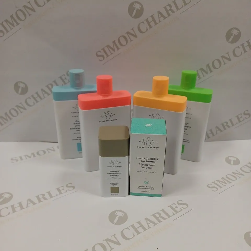 LOT OF 6 ASSORTED DRUNK ELEPHANT BEAUTY PRODUCTS TO INCLUDE SHAMPOO, CONDITIONER, EYE SERUM, DEODORANT CREAM ETC. 
