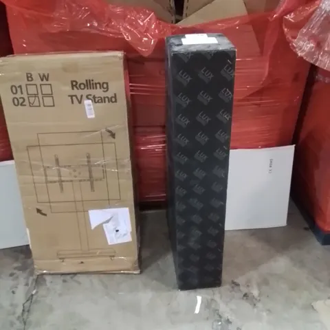 PALLET OF ASSORTED HOUSEHOLD GOODS AND PRODUCTS TO INCLUDE;MAGNETIC DARTBOARD,TV ROLLING STAND,LUX WHIRLPOOL SHOWER FITTING