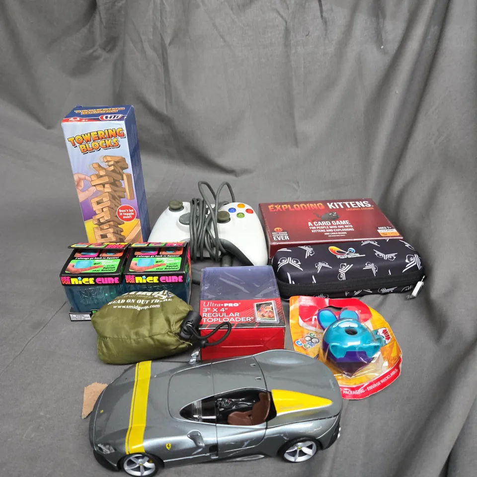 APPROXIMATELY 10 ASSORTED TOYS AND GAMES TO INCLUDE MODEL CAR, TOWERING BLOCKS AND CARD GAMES