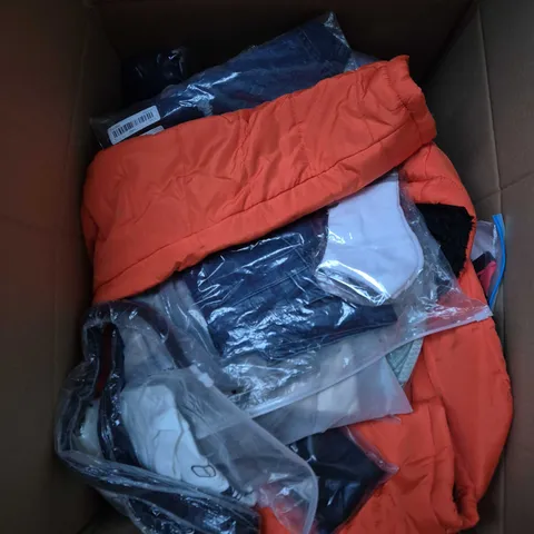 LARGE BOX OF APPROXIMATELY 25 ASSORTED CLOTHING ITEMS IN VARIOUS COLOURS, STYLES AND SIZES - COLLECTION ONLY