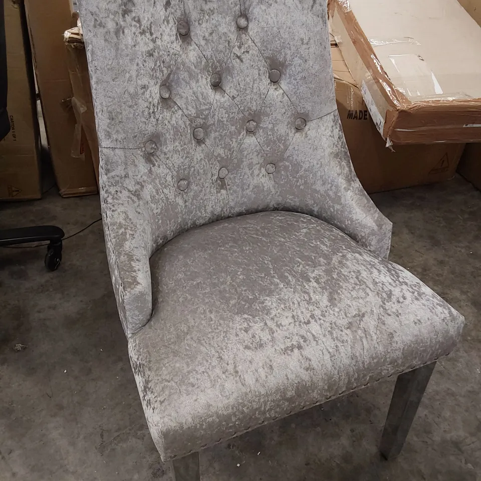 UPHOLSTERED BUTTONED BACK DINING CHAIRS ON SILVER LEGS