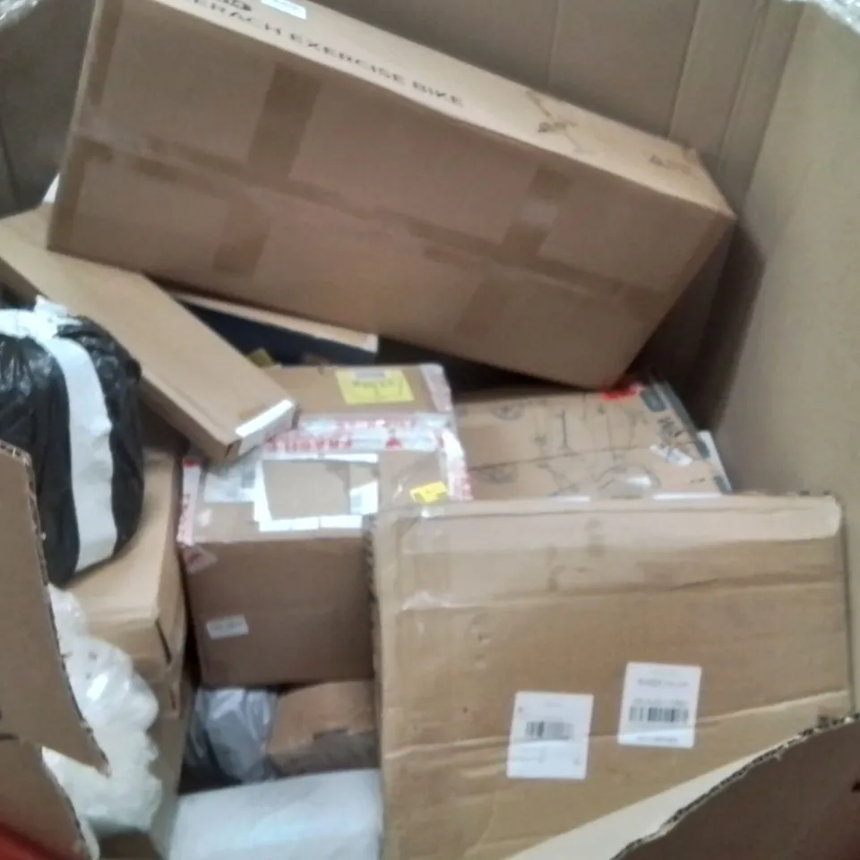 PALLET OF ASSORTED HOUSEHOLD GOODS AND PRODUCTS TO INCLUDE;EXERCISE BIKE,TRANSPORT BOX