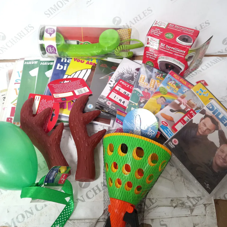 APPROXIMATELY 15 KIDS TOYS AND DVDS INCLUDING CARDS, CLICK AND CATCH, THE WIGGLES