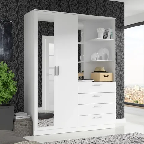 BOXED 17 STORIES WHITE WARDROBE WITH SHELVES AND CLOTHES RAIL, 159cm W X 203cm H X 53cm D (5 BOXES)