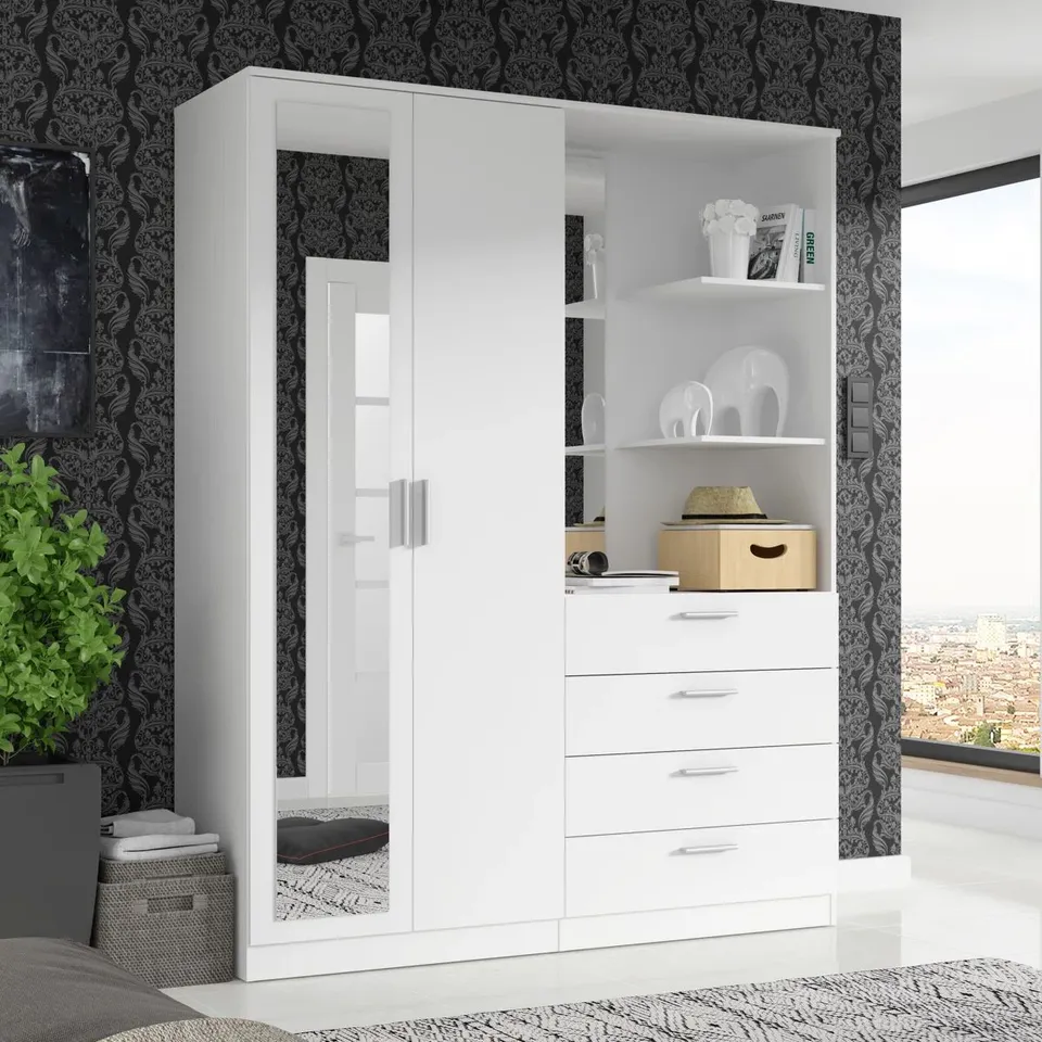 BOXED 17 STORIES WHITE WARDROBE WITH SHELVES AND CLOTHES RAIL, 159cm W X 203cm H X 53cm D (5 BOXES)