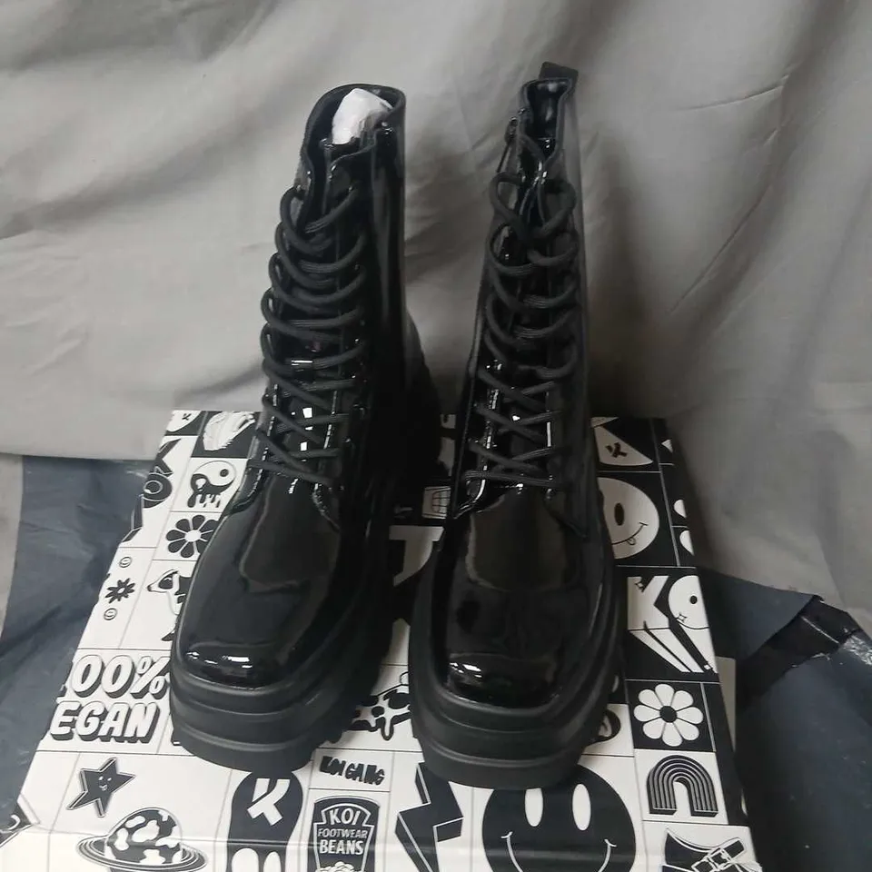 KOI UK 6 BLACK PATENT COMBAT BOOTS – STYLE SWVD-03
