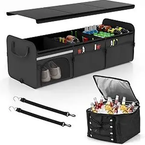 BOXED 67L CAR TRUNK ORGANIZER WITH LID 3-COMPARTMENT PORTABLE STORAGE BOX