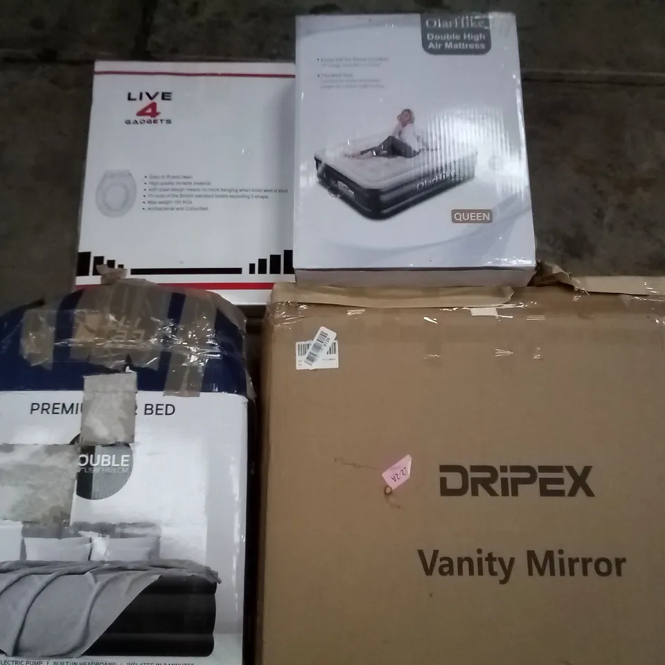 PALLET OF ASSORTED ITEMS INCLUDING DRIPEX VANITY MIRROR, OLARHIKE DOUBLE HIGH AIR MATTRESS, LIVE 4 GADGETS TOILET SEAT, GETFIT PREMIUM DOUBLE AIR BED